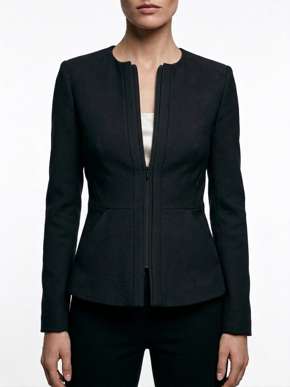 ❤️ Diane von Furstenberg Black Zip-Front Tailored Collarless Jacket Size 4